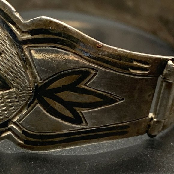 Vintage Sterling Silver Niello Hinge Cuff Bangle Boho Bracelet Flower Inlay - Picture 7 of 9
